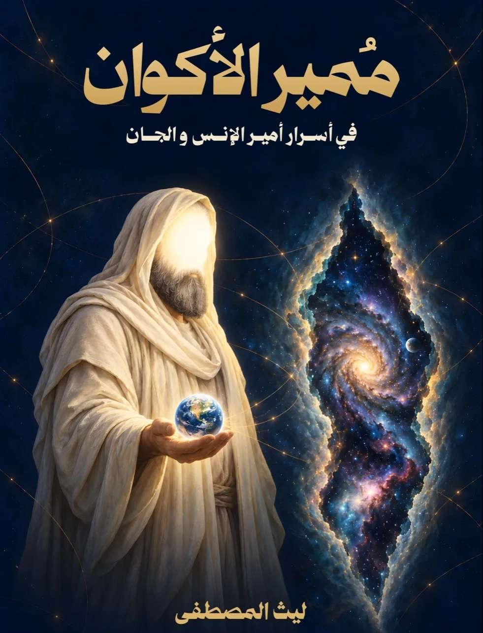 غلاف كتاب مُمِيرُ الأكوان، في أسرار أمير الإنس والجانّ، تأليف ليث المصطفى